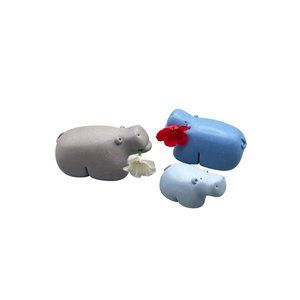 Handcrafted Polymer Clay Family of Hippos with Flowers Figurines Hippopotamus